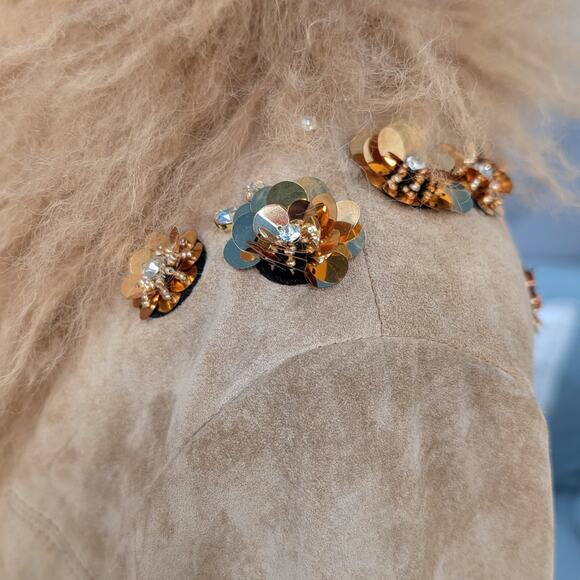 Penny Lane 100% genuine Suede Jacket, Lamb Fur Trim, Sequin Embroidery - S - Picture 9 of 12